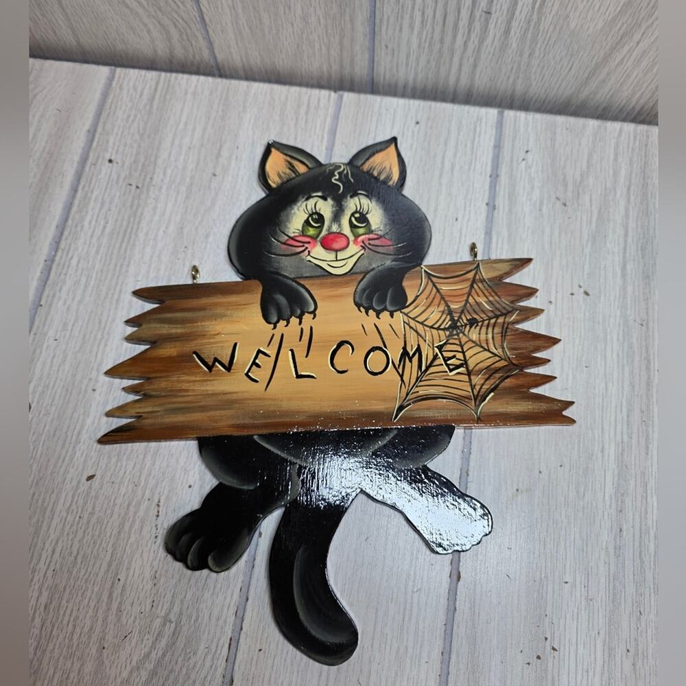 Vtg Handpainted Whimsy Black Cat Welcome Sign Halloween Spooky Season